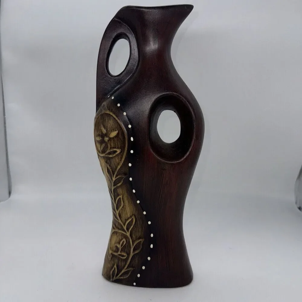 Vintage Ceramic Pitcher Vase‎ Wood Tone Hand Painted 13” Tall